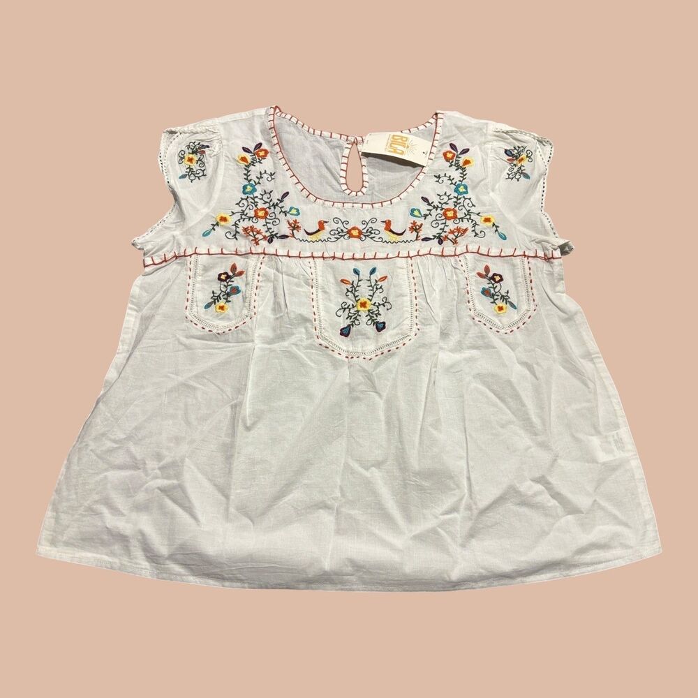 Bila Blouse Womens Size Large White Floral Embroidered Cap Sleeve NEW Boho India